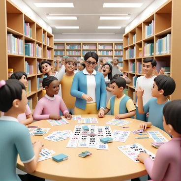 A spacious library filled with wooden bookshelves stacked with various books. In the center, there is a large round table adorned with colorful bingo cards and markers. A librarian, wearing glasses, a blue cardigan, and a white blouse, stands at the table holding a bingo cage filled with numbered balls. She is smiling and calling out numbers clearly. Around the table, a diverse group of participants, including children and adults, eagerly listen and look at their cards. Some participants hold up their cards excitedly, while others are marking their cards with pencils. Prizes, including neatly wrapped books, are displayed on the table, enticing the players. Bright overhead lights illuminate the scene, creating an inviting atmosphere.