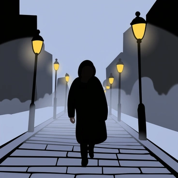A lone figure with a dark silhouette walking on a cobblestone street enveloped in thick fog. The figure is wearing a long coat with a hood that partially obscures their face. Streetlights line the sides of the street, casting soft, eerie glows that illuminate patches of the ground. The fog swirls around the streetlights, creating a mysterious atmosphere. The background features shadowy outlines of buildings barely visible through the fog, enhancing the sense of solitude.
