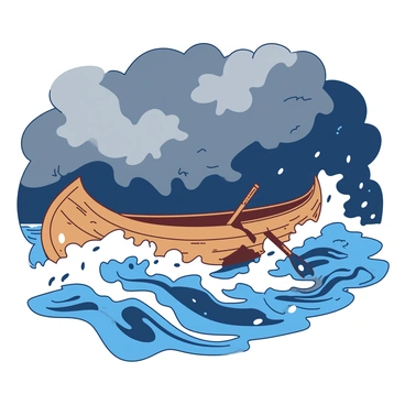 A dugout canoe is navigating through tumultuous waves in stormy seas. The canoe is crafted from a single log, showing its natural wooden texture. The water is choppy, with large white-capped waves crashing against the side of the canoe. Above, dark, dramatic skies are filled with swirling grey clouds, hinting at a brewing storm. Raindrops begin to fall, creating ripples on the surface of the water. The scene captures the intensity and struggle of the canoe in the wild, stormy environment.