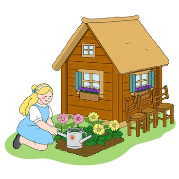 A young girl with golden hair is kneeling in a small garden outside a quaint brown cottage made of wood. She is wearing a light blue dress with white puffy sleeves and has a cheerful expression on her face. Around her, the garden is filled with colorful flowers in various shades of pink, yellow, and purple, alongside bright green leaves. Goldilocks is gently watering the plants with a small watering can that has a cheerful design. The cottage features a thatched roof and a couple of windows with flower boxes filled with blooming flowers. Nearby, there are three wooden chairs of different sizes, perfectly lined up, suggesting the bears are tending to their own activities. The scene is lively and full of vibrant colors, showcasing the joy of gardening.