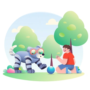 A small robot shaped like a pet dog with metallic fur and bright LED eyes is playing in a park. The robot has a wagging tail that resembles a flexible antenna. It is chasing a bright blue ball on the green grass. Surrounding the robot are colorful flowers in bloom, and there are tall trees with lush green leaves in the background. A child, wearing a red t-shirt and denim shorts, is kneeling down, laughing as they call the robot's name. The sky above is clear and blue with a few fluffy white clouds.