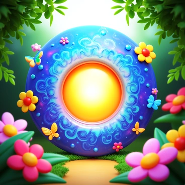 A vibrant portal shining with swirling colors and intricate patterns. Surrounding the portal are blooming flowers in various shades, including bright pinks, yellows, and purples. Fluttering butterflies in different colors, such as orange and blue, are dancing around the flowers, adding a sense of movement. The garden is filled with lush greenery, providing a rich backdrop for the scene. The light filtering through the leaves creates a whimsical atmosphere.
