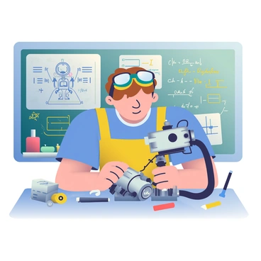A young inventor with light brown hair is intensely focused on building a robot at a cluttered workbench. The robot is partially assembled, showcasing metallic parts and wires. The inventor is wearing a yellow apron over a blue t-shirt and has safety goggles perched on his head. To his left, a large chalkboard is filled with various formulas, sketches, and diagrams, illustrating his inventive process. The chalkboard includes a detailed drawing of the robot, along with equations and notes in colorful chalk. The workspace is dimly lit, with tools scattered around, including a screwdriver and a small toolbox, highlighting the creative chaos of an inventor's environment.