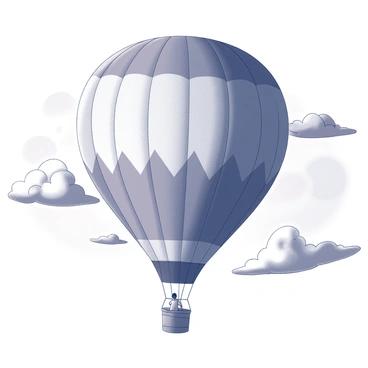 A hot air balloon is floating in the air. The balloon is large, with a rounded shape and a distinctive pattern on its surface. Below the balloon, a basket can be seen, where a figure stands, enjoying the view. The background features a sunset sky, with a gradient of shapes and textures that suggest a vibrant atmosphere filled with clouds. The edges of the clouds are softly defined, adding a sense of depth to the scene. The overall composition conveys a tranquil moment in the sky.