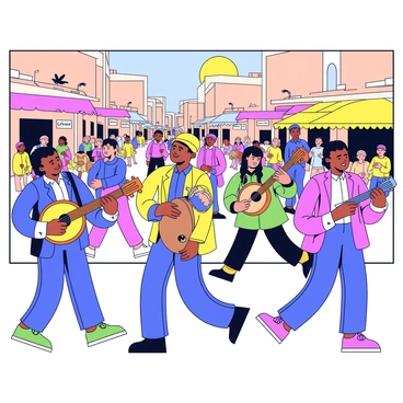 A group of musicians is playing traditional Moroccan instruments on a bustling street in Marrakech. One musician is playing a lute-like instrument known as the guembri, while another plays a large drum called a darbuka. The musicians wear colorful, patterned clothing that reflects the vibrant culture of Morocco. Around them, a variety of people stroll by, some stopping to listen. In the background, there are stalls selling spices and textiles, adding to the lively atmosphere of the street. The sun casts warm light, illuminating the scene.