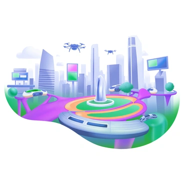 A panoramic view of a futuristic cityscape with sleek, high-rise buildings and modern architecture. The city is characterized by a network of roads that all converge towards a central pivot point. The roads are lined with vibrant greenery and illuminated by soft, ambient lights. At the pivot point, there is a large, circular plaza featuring a prominent monument or sculpture. Surrounding this area are multiple transportation options, such as elevated trains and futuristic vehicles. The skyline is dotted with drones and digital billboards displaying information and advertisements. The scene captures the essence of innovation and connectivity within the urban environment.