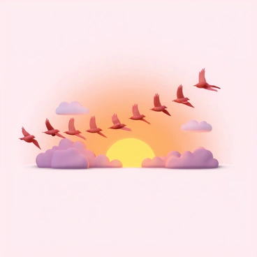 A flock of small red birds is flying in a V formation across a vibrant sunset backdrop. The sky is painted with shades of orange, pink, and purple as the sun dips below the horizon. Each bird has distinct features, including slender bodies and pointed wings, creating a dynamic movement through the sky. The silhouettes of the birds contrast beautifully against the warm colors of the sunset, capturing a moment of natural beauty in motion.