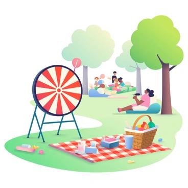 A portable dartboard is set up on a green patch of grass in a park. The dartboard is mounted on a lightweight stand, and colorful darts are scattered nearby. A picnic blanket with a red and white checkered pattern is spread out next to the setup. On the blanket, there are various picnic items, including a wicker basket filled with sandwiches and fruit, a couple of plastic cups, and a small cooler. In the background, trees with bright green leaves provide shade, and a few families can be seen enjoying the sunny day. Some people are playing frisbee while others are lounging on blankets.
