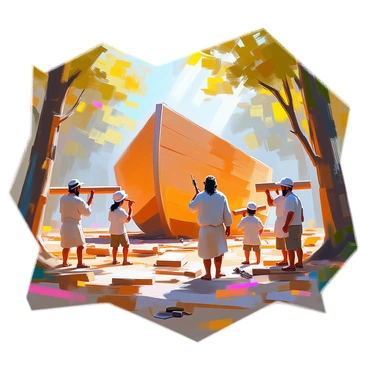 Noah and his family are actively constructing a massive wooden Ark in a dense forest. The Ark, large and imposing, has a curved hull and is made from thick wooden planks, with some boards still being nailed into place. Noah, a middle-aged man with a long beard, is directing the construction while holding a blueprint. His wife, with braided hair and wearing a simple dress, is carrying wooden beams to the construction site. Their three sons, young men strong and determined, are lifting heavy logs and hammering nails into the structure. Surrounding them are tall trees with lush green leaves, and rays of sunlight filtering through the canopy above, illuminating the scene. In the background, there are scattered tools and wooden scraps lying on the ground from the ongoing work.