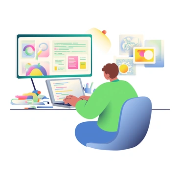 A programmer coding artistic algorithms on a laptop surrounded by digital sketches.