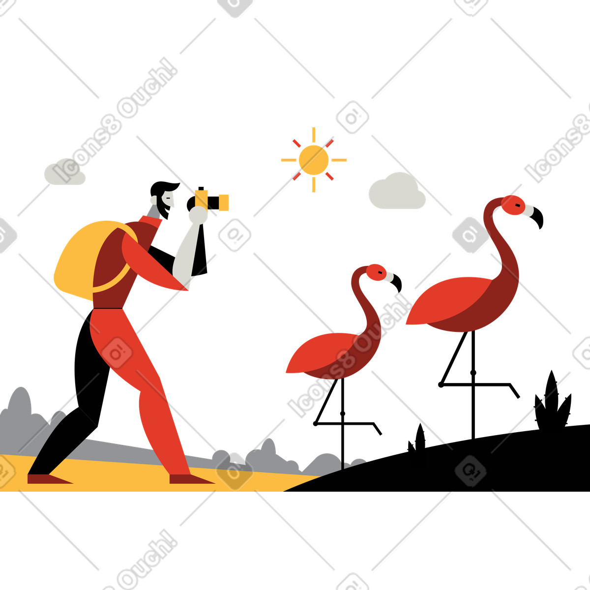 Ilustração de Fotógrafo da vida selvagem tirando fotos flamingos em no estilo Burgundy para baixar em PNG, SVG