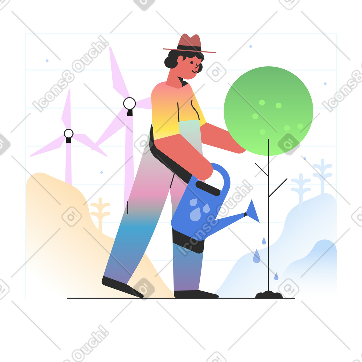 Illustration animée Personne avec un arrosoir arrosant arbre dans le style Marginalia à télécharger aux formats GIF, Lottie (JSON), AE