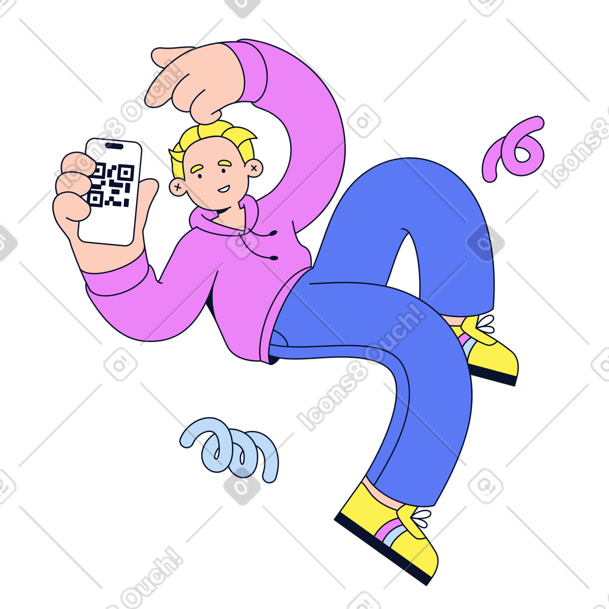 Person showing phone screen with QR code, quick scan for event entry illustration in Flexy style download in PNG, SVG