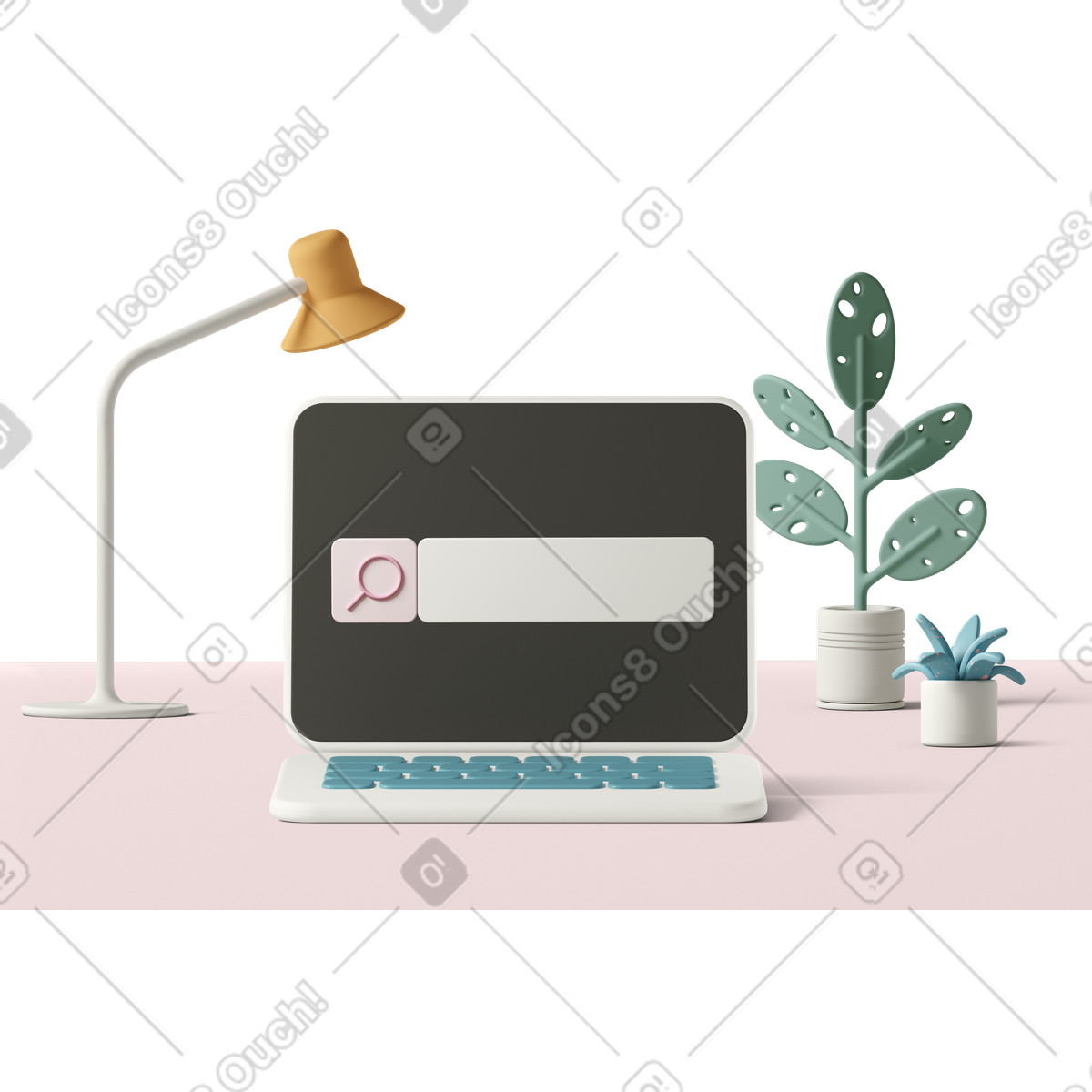 3D Casual life 스타일의 Laptop screen showing search bar with desk lamp and plants in the back 일러스트레이션 PNG, SVG 다운로드