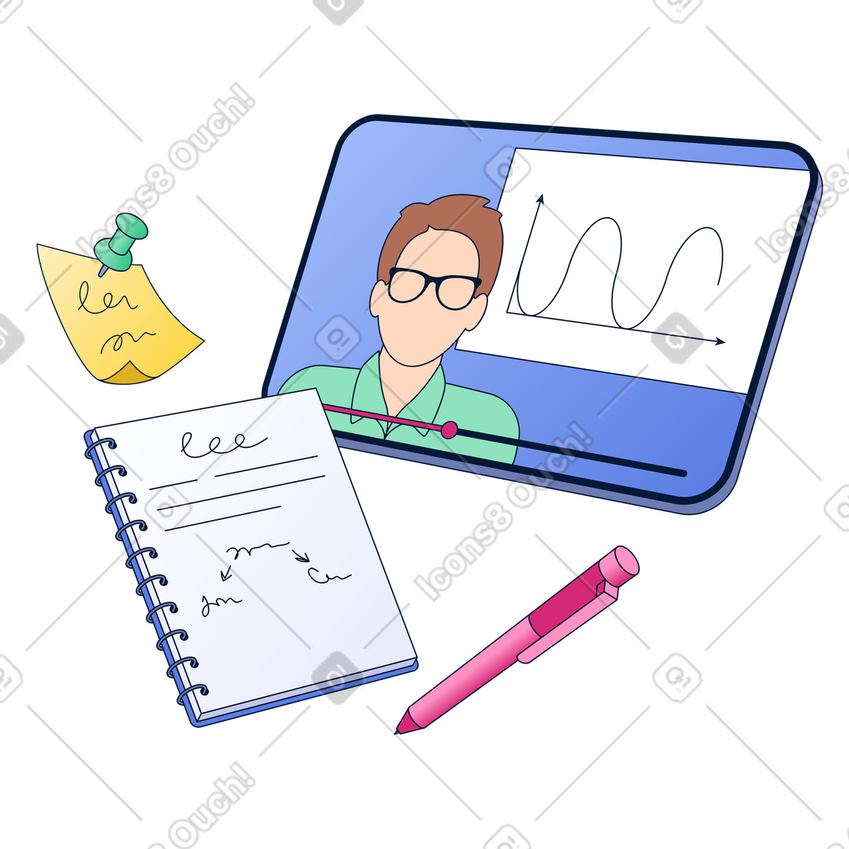 Digital classroom with video lecture and note taking, Online learning or remote education platform illustration in Neat style download in PNG, SVG