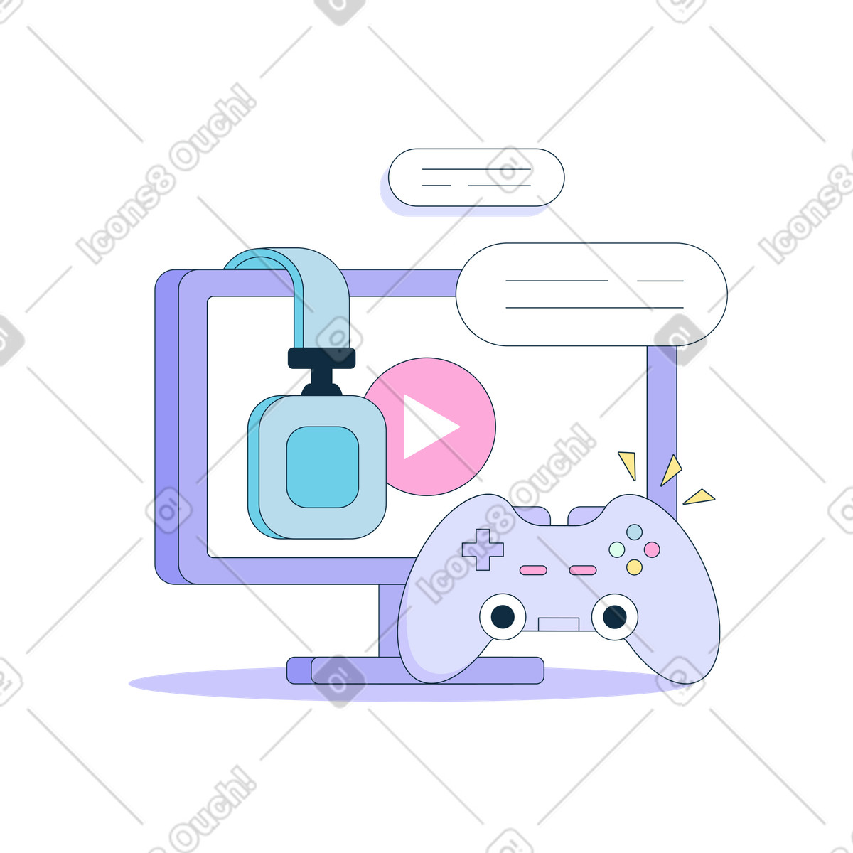 Computer, cuffie e gamepad illustrazione animata in stile Bubble gum scaricabile in GIF, Lottie (JSON), AE