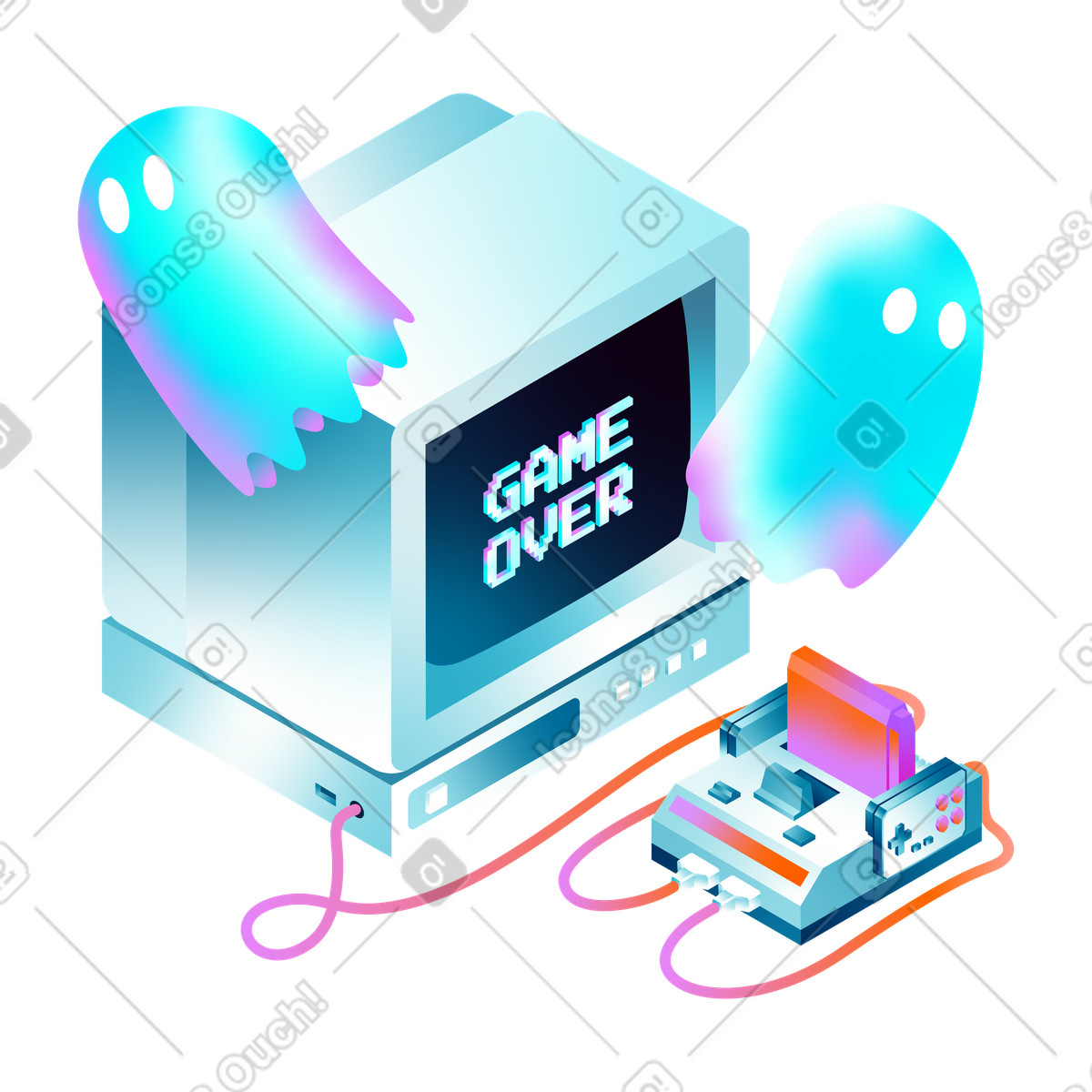Retro old school games, isometric dendy game console illustration in PNG, SVG