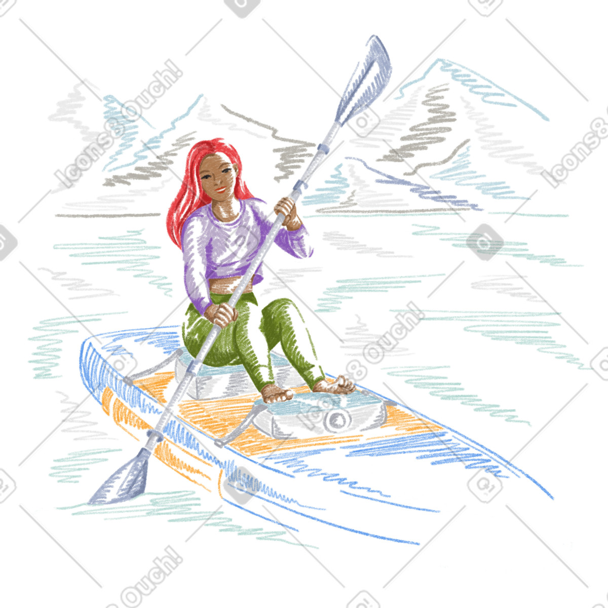 Woman paddling down the river on a supboard illustration in Sketchbook style download in PNG, SVG