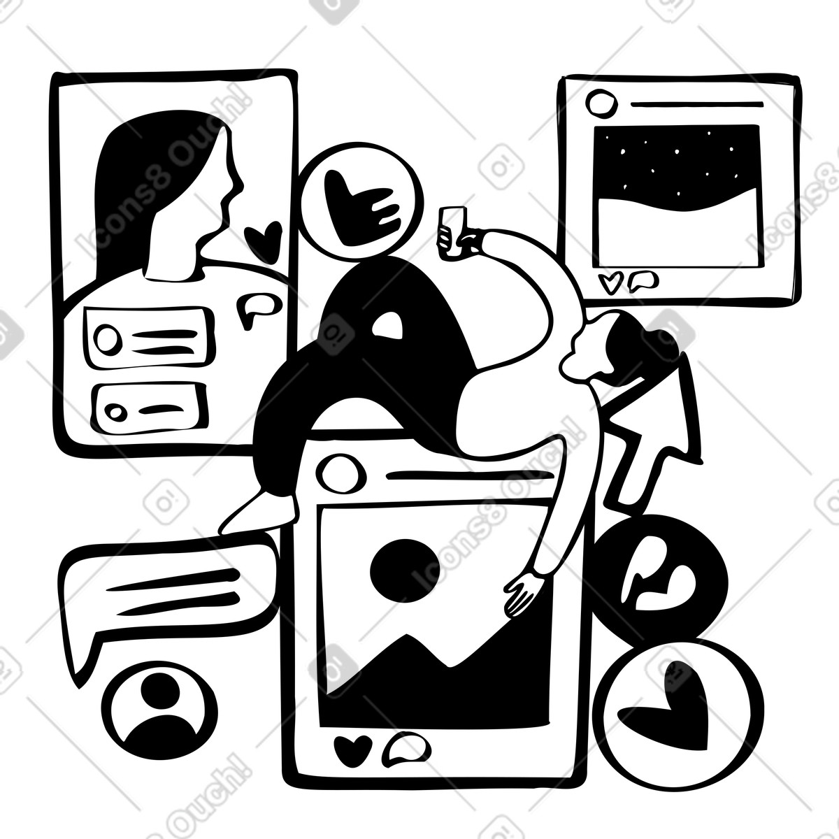 Illustration Femme parcourant les médias sociaux au téléphone dans le style Journal à télécharger aux formats PNG, SVG