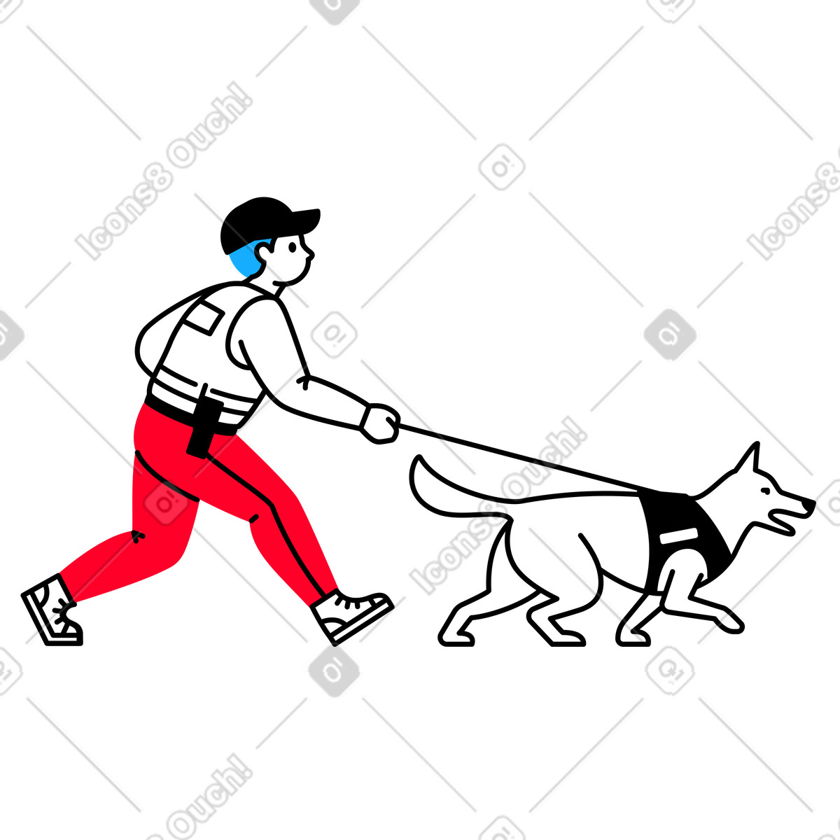Ilustración Oficial de policía corriendo con un perro k9 en estilo Transistor a descargar en PNG y SVG
