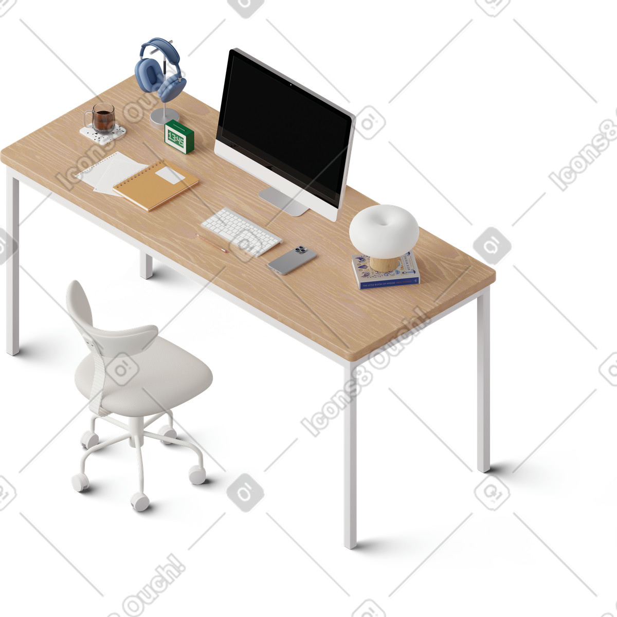 Isometric view of office desk illustration in 3D Hygge style download in PNG, SVG