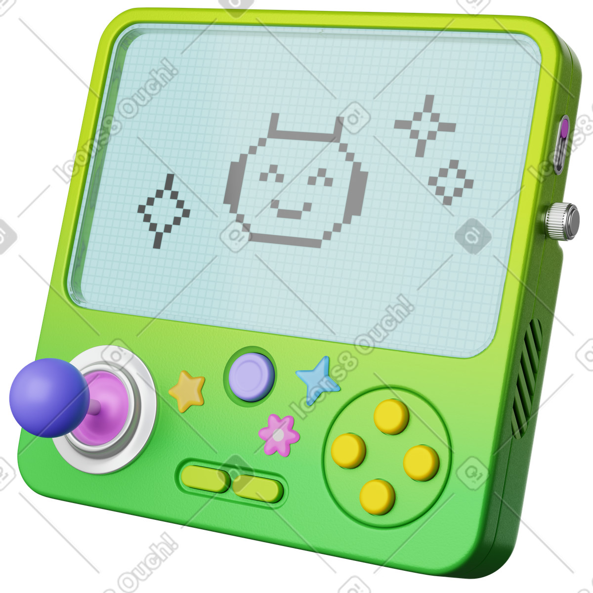 Ilustración Console handheld toy with joystick buttons and pixel robot face en estilo 3D Plastic a descargar en PNG y SVG