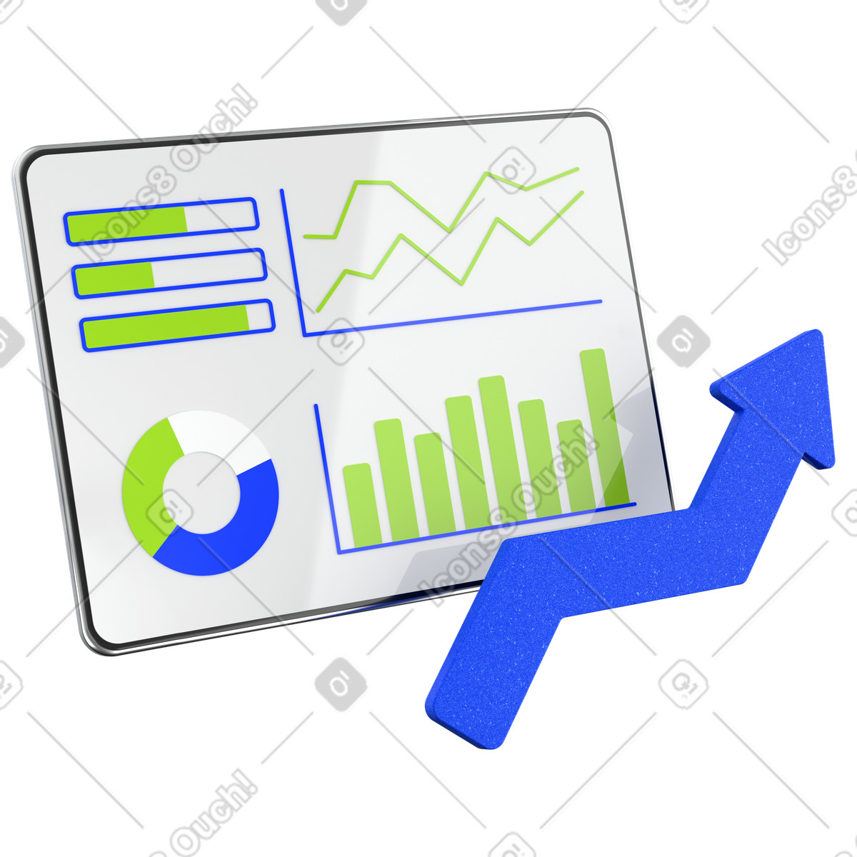 Ilustração de Tablet with statistics dashboard and arrow em no estilo 3D Enterprise para baixar em PNG, SVG