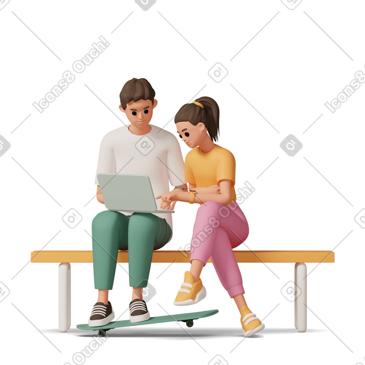 3D Casual life スタイルの Young man and woman sitting on bench looking at laptop のイラストをPNG、SVG形式でダウンロード