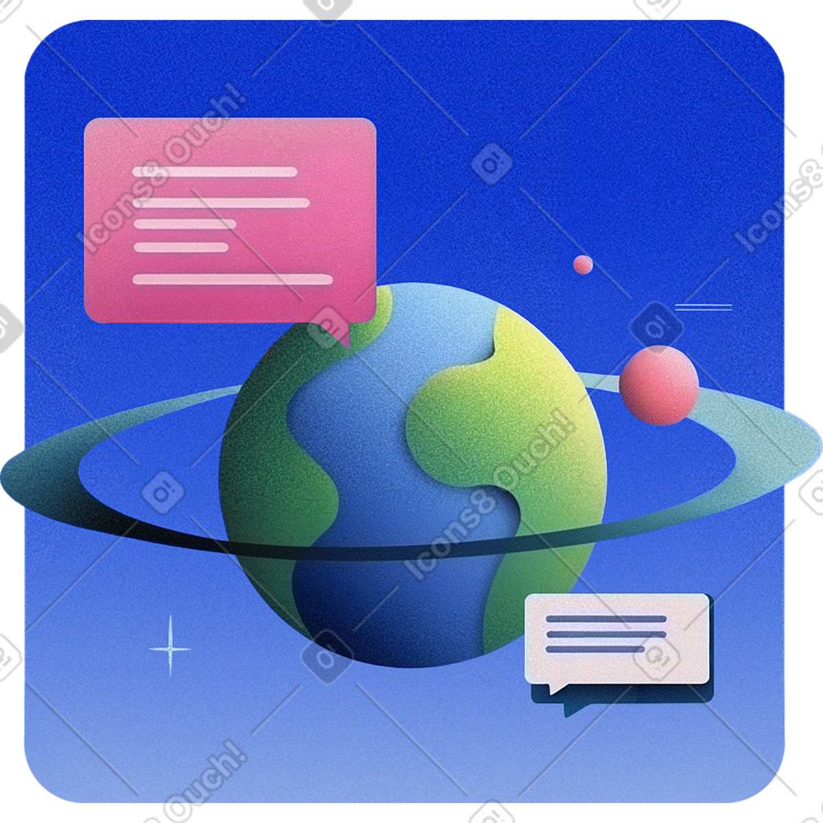 Ilustración Planeta tierra con burbujas de chat, mensajería o comunicación global en estilo Grainy a descargar en PNG y SVG