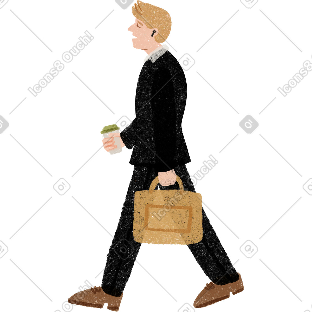 Ilustración Tired businessman walking with a cup of coffee en estilo Public descargar en PNG y SVG