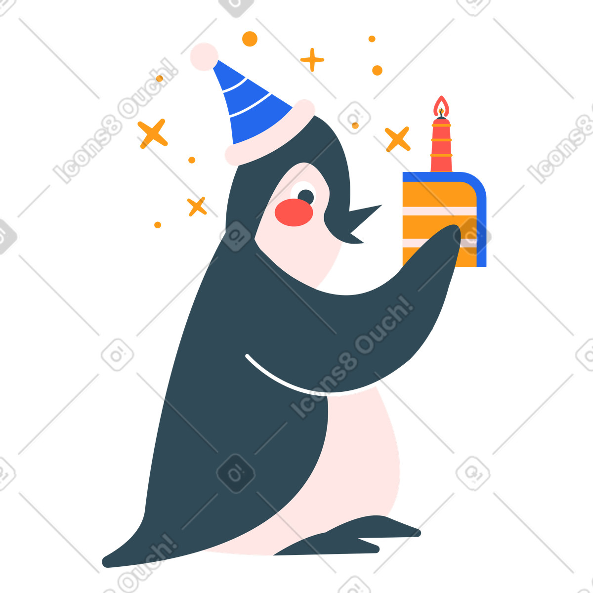Pinguin hält ein stück geburtstagstorte-Illustration im Kingdom-Stil als Download in PNG, SVG