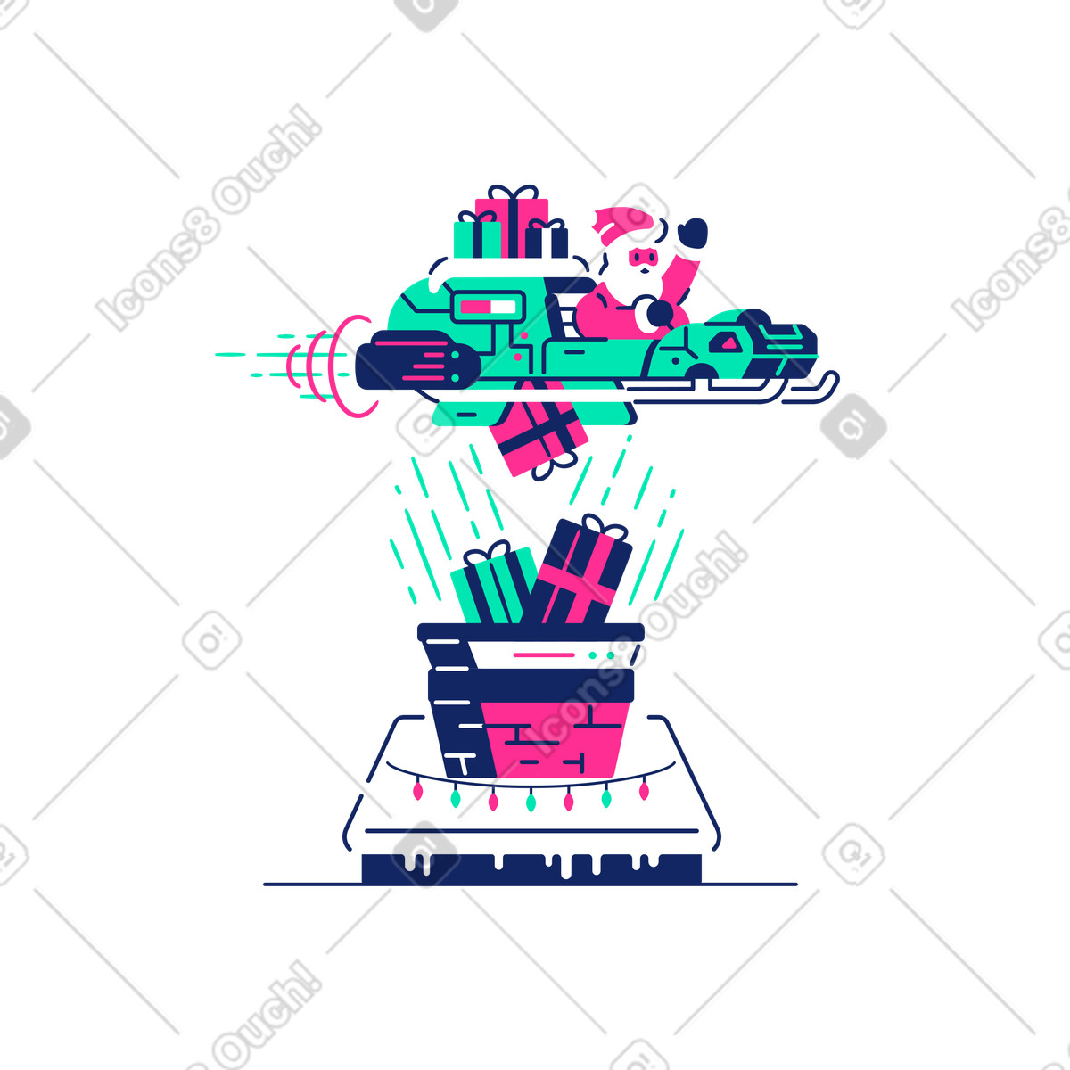 Santa riding futuristic sleigh above chimney, Christmas delivery concept-Illustration im Cyborg-Stil als Download in PNG, SVG