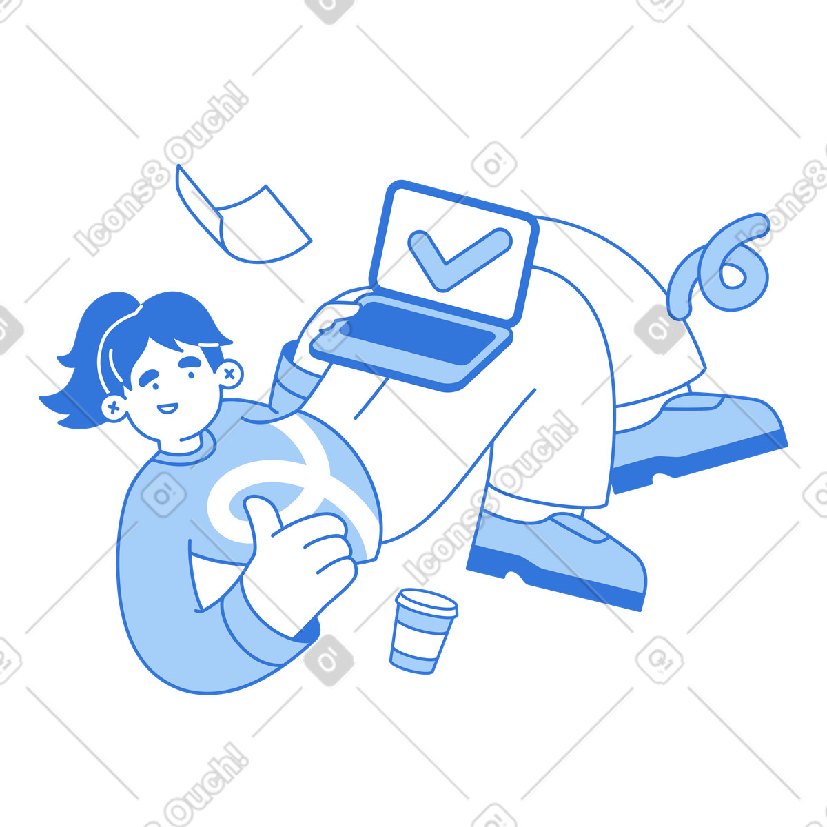 Satisfied employee giving thumbs up, Successful project completion or remote productivity illustration in Sky style download in PNG, SVG
