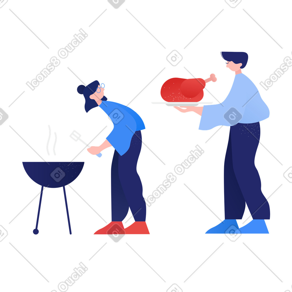 Illustration L'homme porte un poulet pour qu'une fille le grille aux formats PNG et SVG
