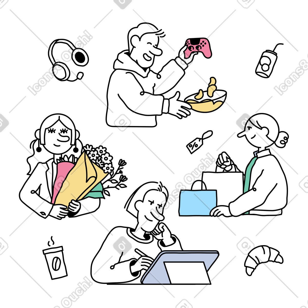 Menschen, die hobbys nachgehen und ihre freizeit genießen-Illustration im Notes-Stil als Download in PNG, SVG