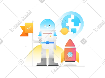 Astronaut holding a flag next to a rocket PNG, SVG