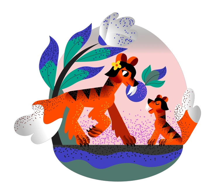 Two tigers amidst colorful foliage - Fauna style illustration