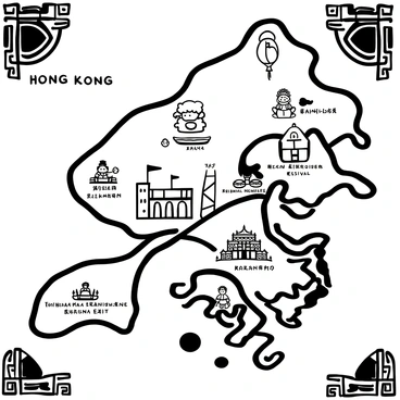 A black-and-white illustration of a detailed map of Hong Kong, featuring various neighborhoods. Each neighborhood is labeled with unique icons representing local traditions and practices, such as a traditional lion dance, a group of people enjoying dim sum, and a festival with lanterns. The map includes distinct landmarks like temples and markets, with small illustrations of people engaging in cultural activities. Surrounding the map are decorative borders illustrating traditional patterns, enhancing the cultural theme of the image.