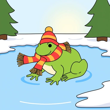 A small, round frog with bright green skin is bundled up in a colorful knitted scarf and a matching hat. The scarf is wrapped snugly around its neck and the hat sits slightly askew on its head, showcasing a small pom-pom on top. The frog is gliding gracefully on a frozen pond, with its webbed feet expertly maneuvering over the glistening ice. Around the pond, there are patches of snow and a few pine trees in the background. The sky above is clear with a soft glow from the winter sun.
