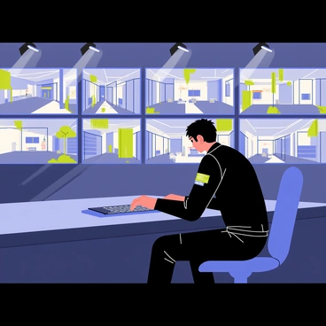 A security operative sitting in a modern control room. The operative has short dark hair and is wearing a black tactical uniform. In front of the operative, there is a large wall of screens displaying various live data and surveillance footage. The screens show different angles of a busy city street and several rooms, with vibrant colors and clear images. The room is dimly lit, with a few overhead lights illuminating the equipment. The operative is focused, typing on a keyboard while glancing at the screens.