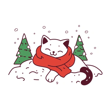 A white cat is comfortably wrapped in a red scarf, with its eyes half-closed, nestled in a small pile of soft snow. The snowy landscape surrounds the cat, with gentle snowflakes falling softly around. Nearby, there are small snow-covered pine trees, their branches weighed down by the snow. The cat has its tail curled around its body, adding to the cozy scene of a winter day.