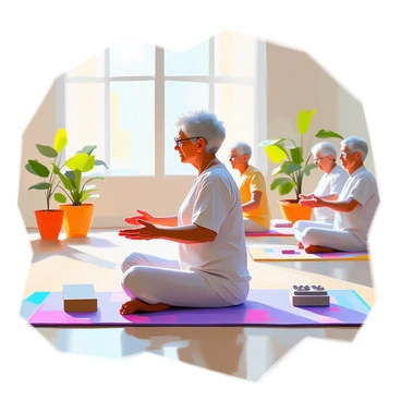 An elderly person with gray hair and reading glasses, sitting on a yoga mat, is practicing gentle pelvic floor exercises in a community center. The individual wears comfortable, loose-fitting clothing in light colors. Surrounding them are soft mats, a few exercise props like blocks, and some potted plants to enhance the setting. Soft, natural light filters through large windows, creating a warm and inviting atmosphere. A few other seniors can be seen in the background, also engaged in light exercise, promoting a sense of community.