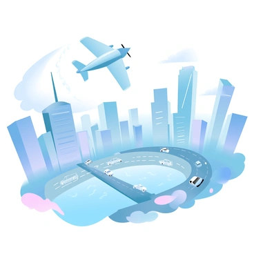 An electric plane is soaring above a bustling urban landscape filled with tall skyscrapers. The buildings are a mix of modern glass and steel structures, showcasing various architectural styles. Below, the streets are filled with cars and people, illustrating the vibrancy of city life. The sky is clear, providing a bright backdrop for the plane as it glides effortlessly through the air. A shimmering river runs through the city, reflecting the sunlight and the outlines of the skyscrapers.