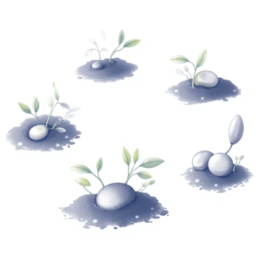 A close-up view of a small, round bean nestled in rich, dark soil. Surrounding the bean are tiny sprouts emerging, signaling the beginning of spring. In another vignette, the bean has grown into a small plant with delicate green leaves unfurling, set against a bright sun, showcasing the vibrancy of summer. The next scene depicts the plant bearing small pods that bulge with ripening beans, set amongst a backdrop of golden fields under a clear blue sky, highlighting the harvest season of autumn. In the final vignette, the plant is bare, its leaves fallen, with a light dusting of snow covering the ground, signifying the quiet stillness of winter. Each vignette captures the life cycle of the bean through distinct seasons.