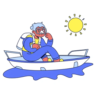 A diver is sitting on a boat, preparing for an underwater adventure. The diver is wearing a wetsuit and is adjusting their scuba diving gear, including a mask and fins. The boat has a smooth surface and a simple rail along the edge. In the background, there are hints of water splashing against the boat and the sun shining brightly above. The diver's expression shows focus and readiness for the dive ahead.