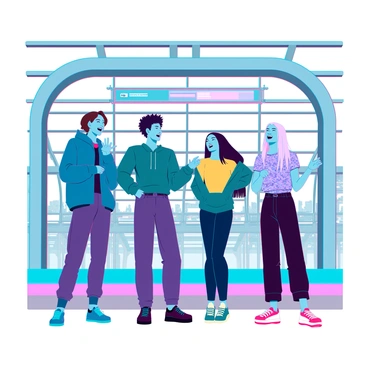 A group of four friends standing on a subway platform, engaged in lively conversation. One friend has short brown hair and is wearing a blue jacket, while another has curly black hair and is dressed in a green hoodie. The third friend has long blonde hair and is wearing a yellow t-shirt, and the fourth has a buzz cut with a patterned shirt. They are all smiling and laughing, with animated gestures, as they wait for the train. The subway platform features metallic structures and illuminated signs, reflecting a modern urban environment.
