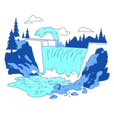 A white dam is bursting, with torrents of blue water gushing out forcefully. The water cascades down the dam's surface, creating a mist that rises into the air. In the surrounding area, trees are swaying violently as the force of the water rushes past, and debris is being swept along with the current. The ground is saturated, and a small flood begins to form, affecting the nearby landscape. The scene captures the raw power of nature as the water flows in all directions.
