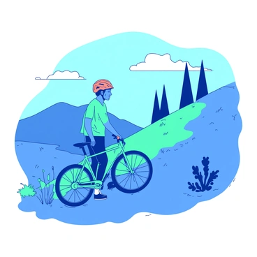 A cyclist taking a break, pushing their bike up a scenic hill.
