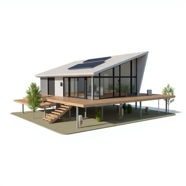 A modern home with a sleek design featuring a strong, aerodynamic shape to withstand extreme weather conditions. The exterior is made of reinforced concrete and impact-resistant glass windows, providing durability and safety. Solar panels are integrated into the roof, which slopes dramatically to enhance water drainage. The home is elevated on stilts to prevent flooding, with a wraparound deck made from weather-resistant materials. Surrounding the home, there are strategically placed windbreaks consisting of native trees and shrubs. The entrance features double doors that are securely built to withstand high winds. Inside, the open floor plan includes energy-efficient heating and cooling systems, with large bay windows allowing for ample natural light while maintaining insulation.