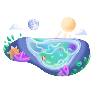 A detailed scene of a tide pool with clear water reflecting the sunlight. The surface of the water shows shimmering reflections, creating a dazzling effect. Surrounding the tide pool, various colorful marine life such as starfish, sea urchins, and small fish can be seen. Above the tide pool, a bright sun hangs in the sky, casting warm light onto the scene. The moon is visible in the sky, subtly influencing the tides, hinting at its gravitational pull on the water. The overall composition captures the vibrant colors and intricate details of the tide pool environment.